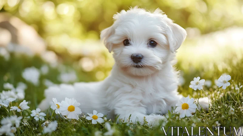 White fluffy puppy resting in sunlit meadow with daisies