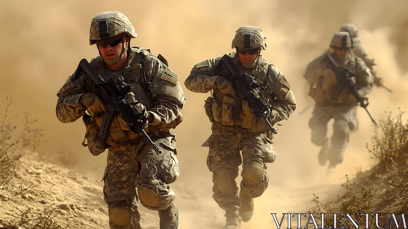 Soldiers run through dusty terrain in full combat gear