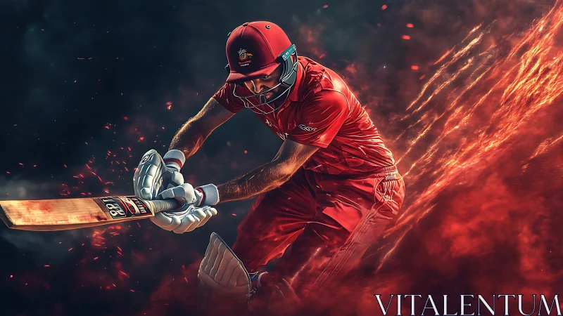 Cricket batsman drives through fiery red motion trail