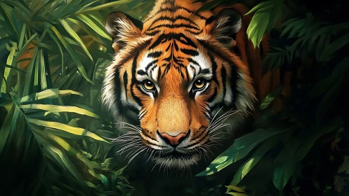 Tiger head emerging from dense green jungle foliage.