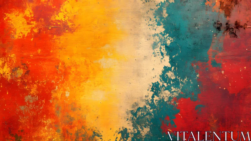Vibrant abstract painting with bold orange, yellow, and teal strokes.
