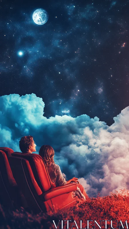 Couple in crimson seats adrift beneath a cinema of stars.