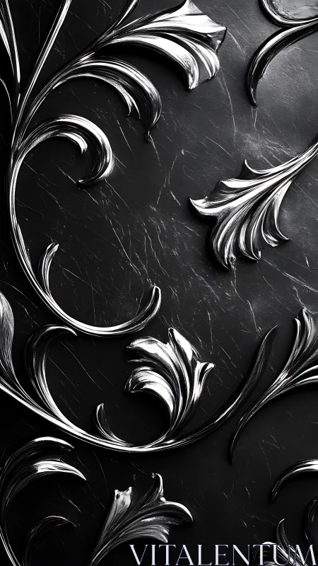 Silver vines curl across obsidian stone in baroque hush.