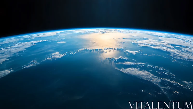 Curved Earth horizon with specular ocean reflection viewed from orbit