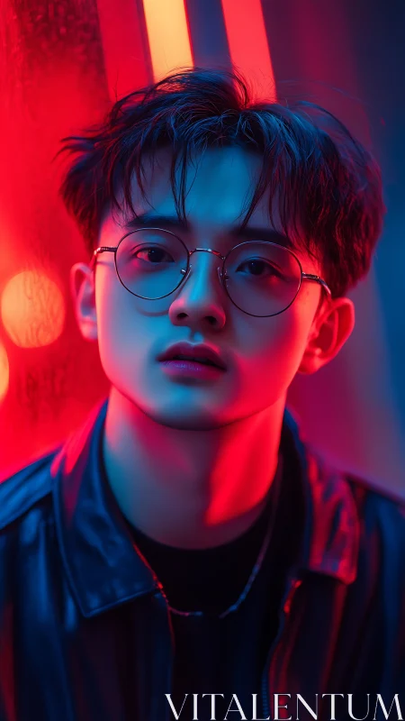 Cinematic neon portrait of young man in leather jacket, glasses