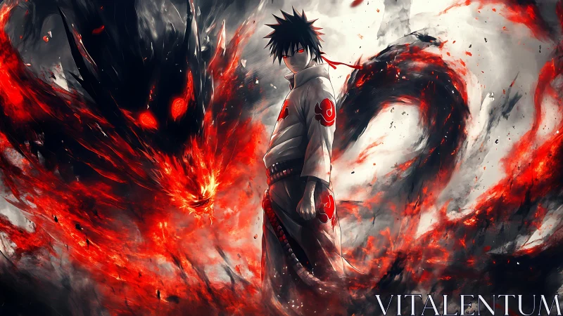 Dark anime warrior stands amid swirling red energy flames