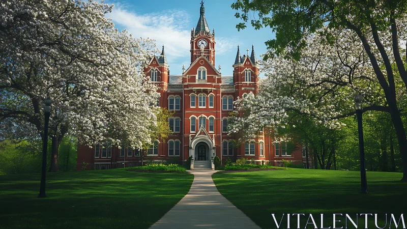 Gothic revival campus hall framed by blossoming trees.
