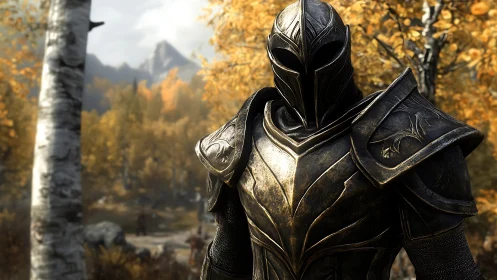 Armored knight in autumn forest with mountain backdrop.