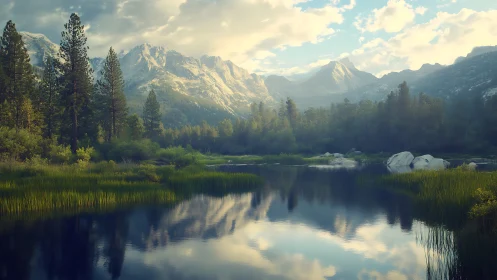 Alpine conifer forest and still lake with distant granite peaks