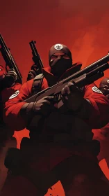 Armed masked figures in red uniforms stand in formation
