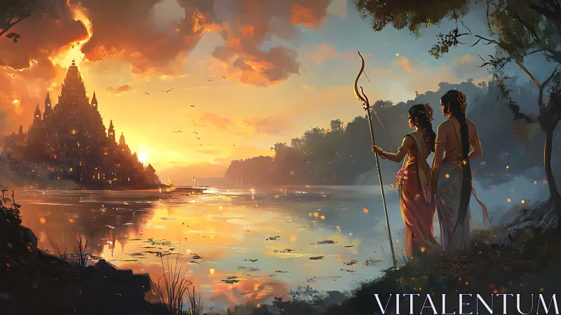 Sunset pilgrims gaze toward a glowing riverside kingdom