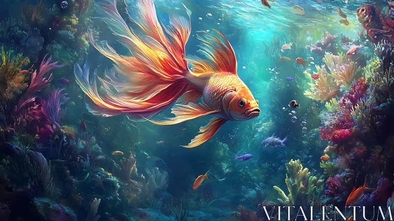 Golden fish drifting through a glowing coral wonderland.