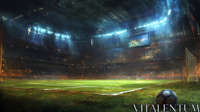 Floodlit football arena interior with cinematic rain atmosphere.