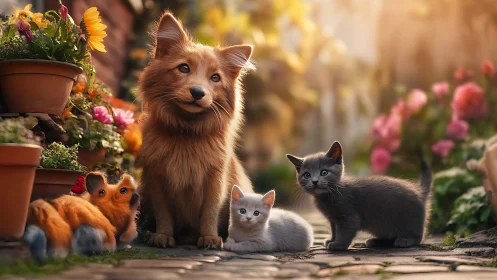 Domestic animals in garden setting with flowering plants.