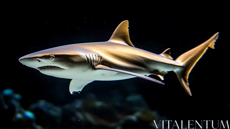 Hydrodynamic shark profile in high-contrast aquatic rendering.