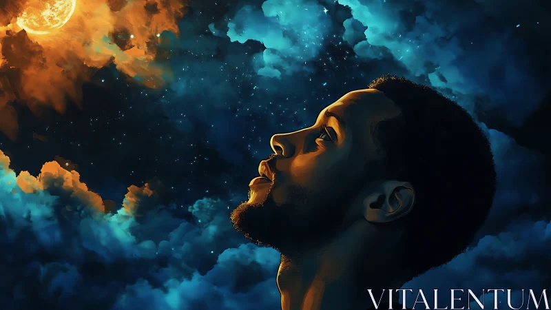 Dreamer gazing toward a glowing moonlit sky of wonder.