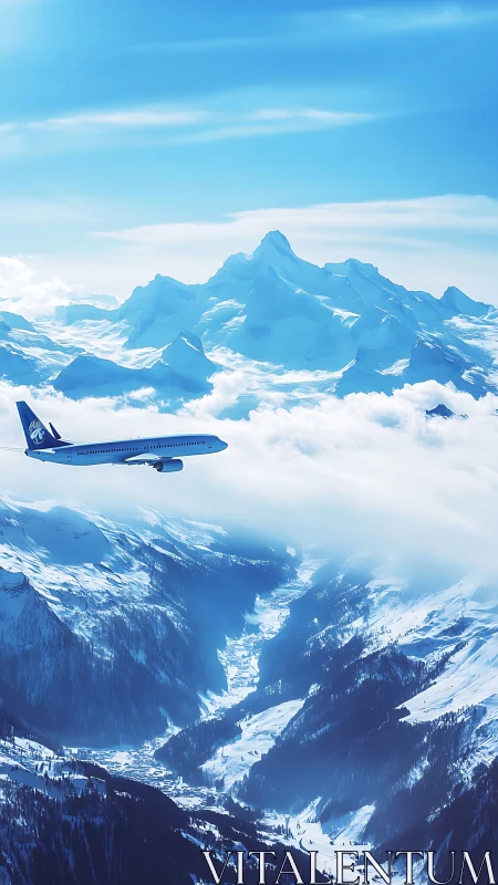 Airliner over snow-covered mountain range in clear daylight