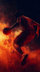 Silhouetted basketball player in dynamic jump over sparks.