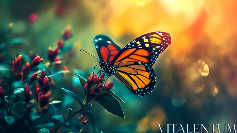 Monarch butterfly on buds in soft evening backlight.