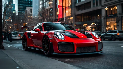 Red sports coupe glowing against a lively city evening.