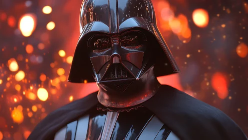 Black armored helmeted figure before blurred orange lights.