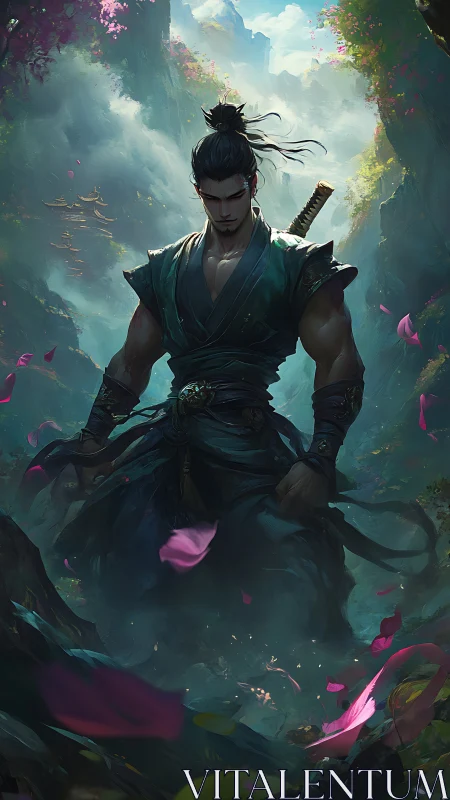 Samurai warrior stands in volumetric-lit canyon with drifting petals