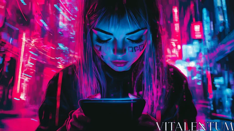 Cyberpunk woman absorbed in glowing tablet on neon street.