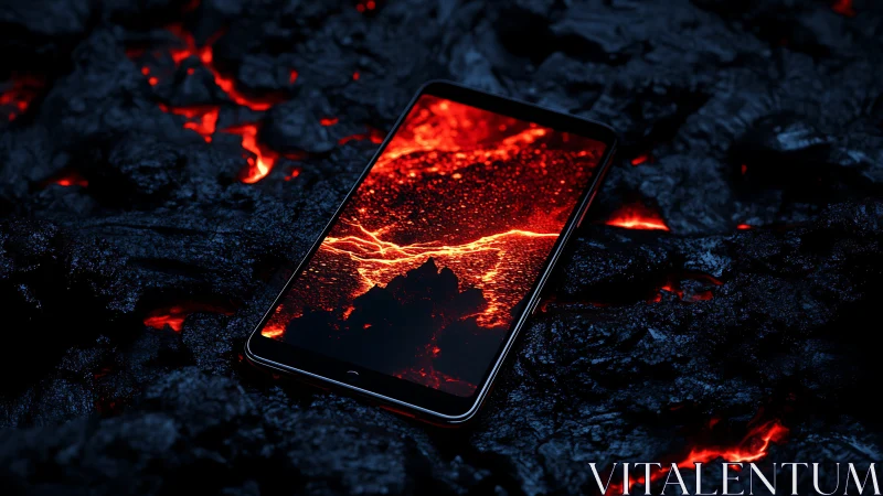 Photorealistic smartphone on molten lava field composition.