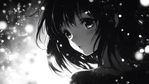 Monochrome anime girl amid glowing drifting particles.