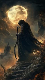 Moonlit reaper on a crumbling path between worlds.