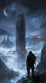 Solitary explorer studies colossal tower on frozen alien world