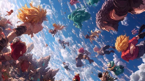 Dynamic midair fantasy battle with warriors above sunlit clouds