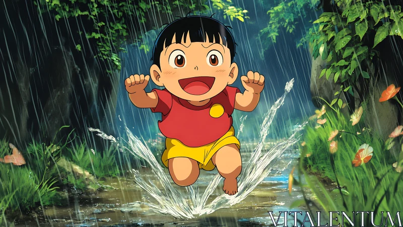 Joyful child splashes through a rainy forest path with delight