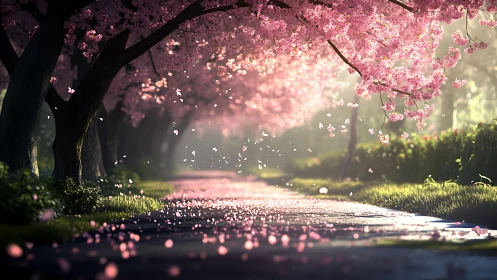 Cherry blossom confetti drifts down a sunlit dream lane