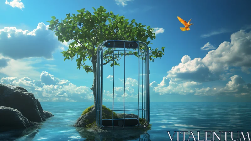 Treephone sanctuary afloat in sky-bright digital waters.