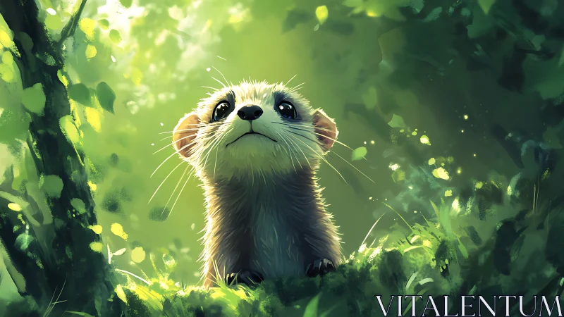 Digital painting of curious forest ferret in dappled light.
