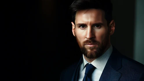 Studio portrait of bearded man in navy business suit, low key