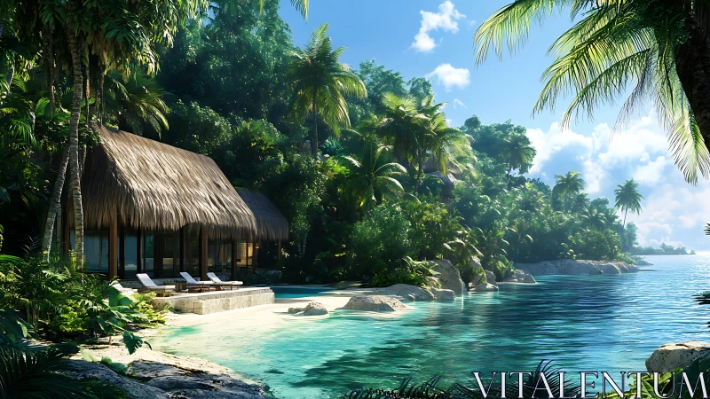 Tropical Waterfront Residence With Thatched Roof Structure.