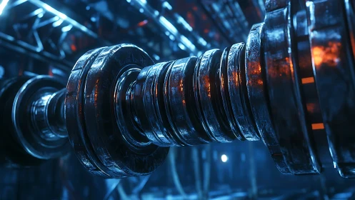 Rotating cybernetic shaft renders industrial depth and tension