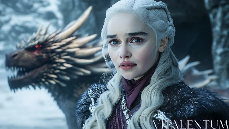 Snowy dragon guardian beside a silver haired queenly rider.