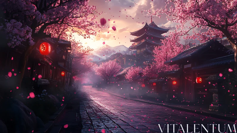 Lantern-lit cherry blossom street at misty temple dusk.