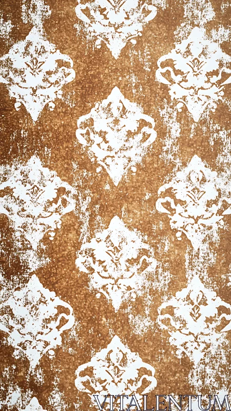 Distressed white damask motifs on textured brown background.