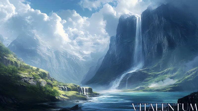 Towering cliff waterfall over misty turquoise fjord.