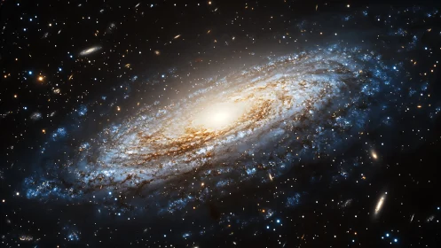 Spiral galaxy core glows amid dense starfield and dust lanes