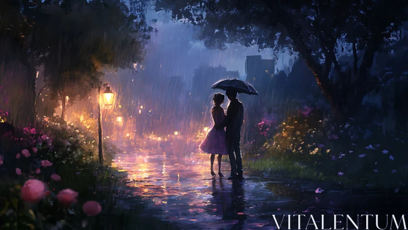 Pair with umbrella standing in rain-lit street.