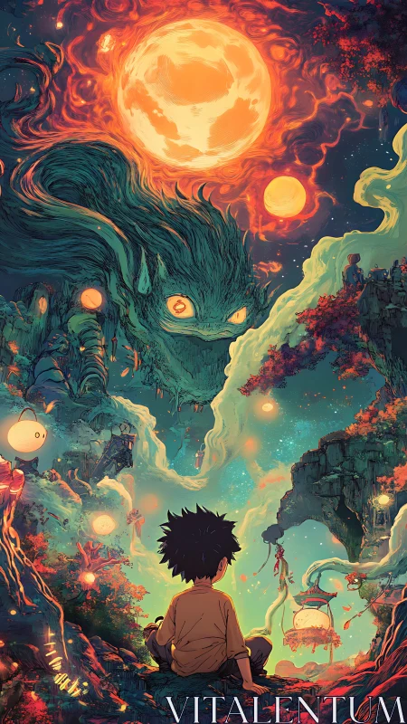 Child confronts cosmic spirit under molten aurora moons.