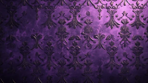 Ornate purple damask wallpaper with embossed metallic florals.