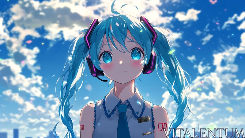 Celestial blue haired idol under luminous summer sky.