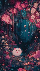 Bioluminescent forest ravine with chibi cat spirits and cyan stream
