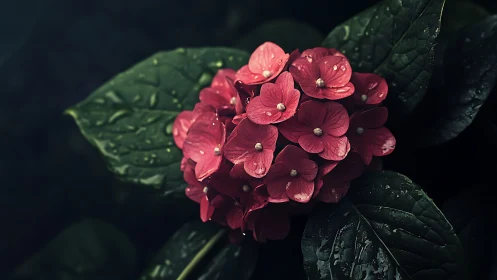 Rain-kissed crimson hydrangea blooms in moody botanical darkness